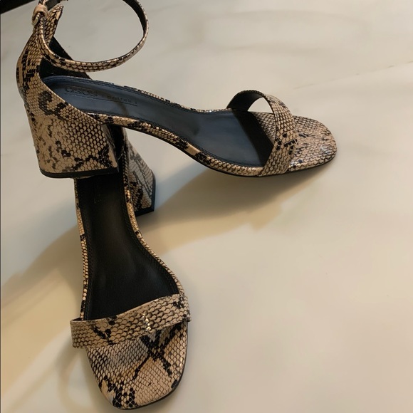 Women’s ASOS Design Snake Print Block Heeled Sandals With Ankle Strap - Picture 1 of 13
